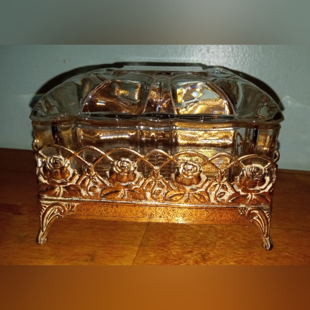 Beautiful Mid Century Glass Vanity Box On Gold Metal Stand.. Perfect Condition.
